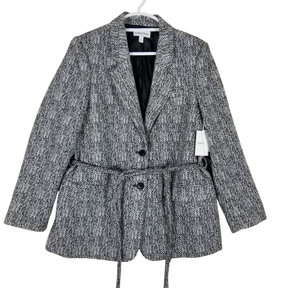 Nordstrom Blazer Womens Large Black White Herringbone Tie Waist Wool Blend
